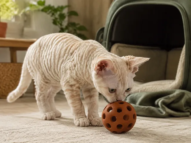 Котёнок немецкого рекса знакомится с игрушкой в новом доме
