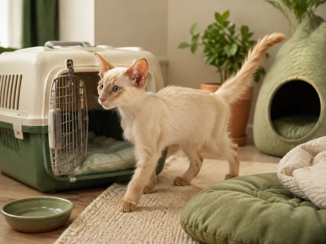 Котёнок яванской кошки осторожно знакомится с новым домом