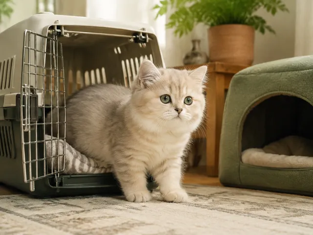 Коротколапый котёнок менуэта выходит из переноски в новом доме