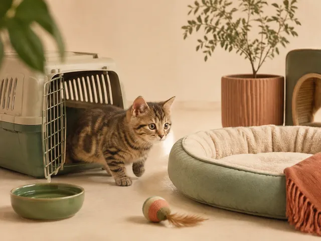 Котёнок манчкина осваивается рядом с переноской и уютной лежанкой