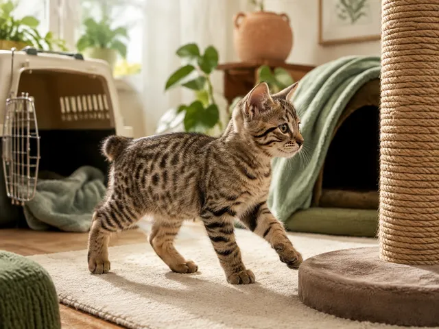 Короткохвостый котёнок пиксибоба исследует новый дом