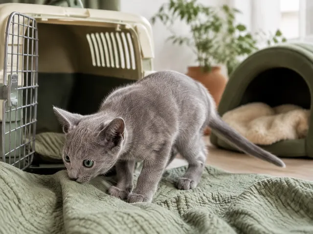 Котёнок русской голубой кошки знакомится с новым местом