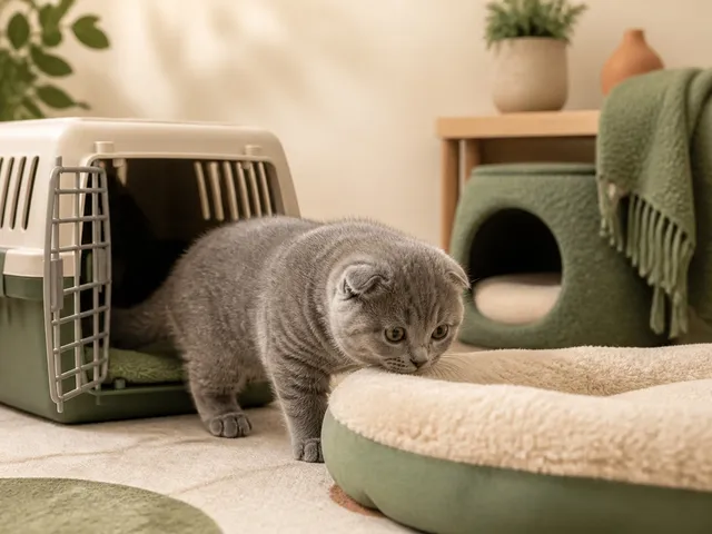 Котёнок шотландской вислоухой кошки знакомится с новым домом