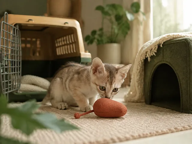 Миниатюрный котёнок сингапурской кошки знакомится с игрушкой в новом доме