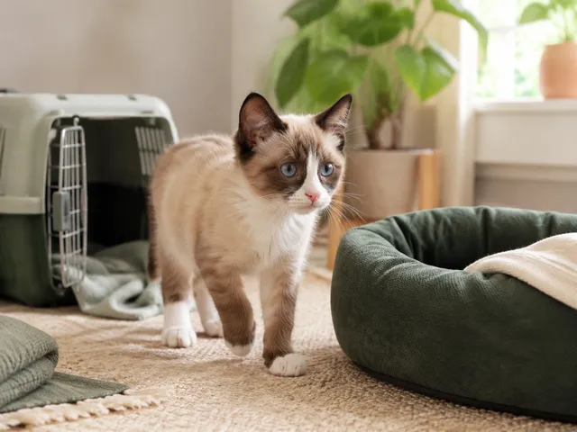 Котёнок сноу-шу с белыми лапами знакомится с новой лежанкой
