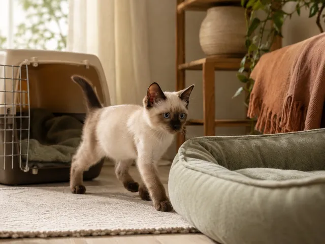Котёнок тайской кошки осваивает лежанку в новом доме