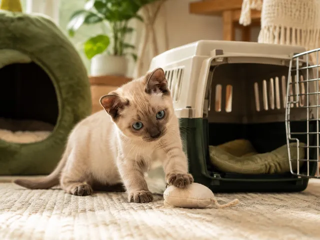 Котёнок тонкинской кошки знакомится с игрушкой в новом доме