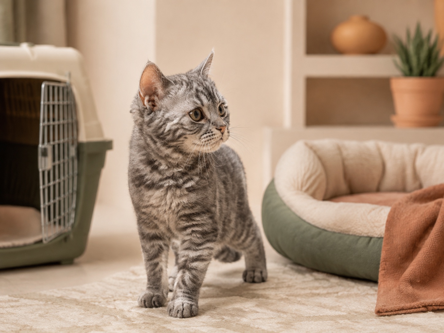 Котёнок американской жесткошёрстной кошки знакомится с домом