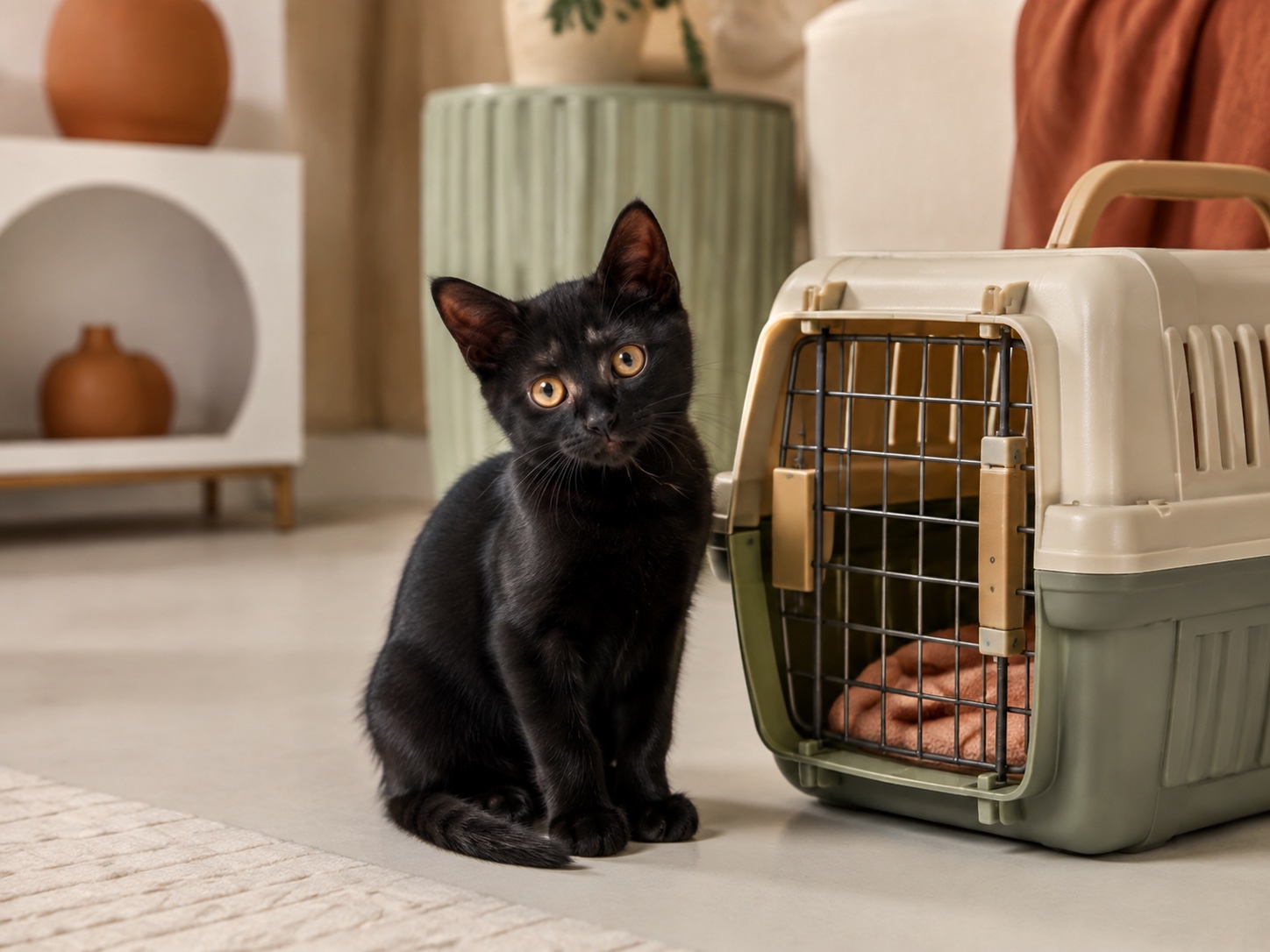 Чёрный котёнок бомбейской кошки осваивает новый дом