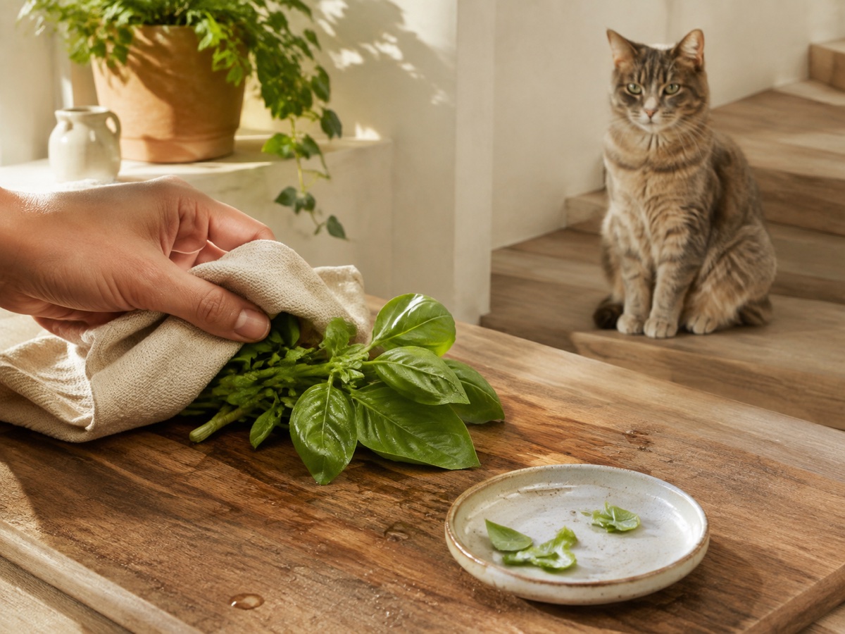 Безопасная проверка продукта «базилик» для кошки