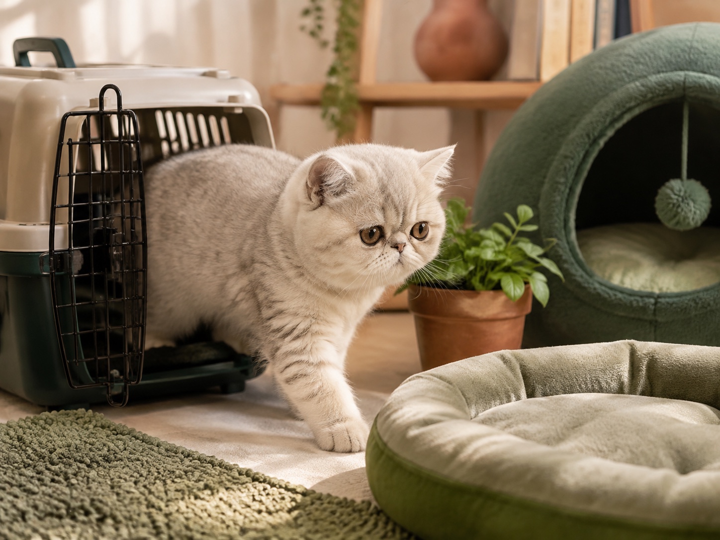 Котёнок экзотической короткошёрстной породы осваивается в новой комнате