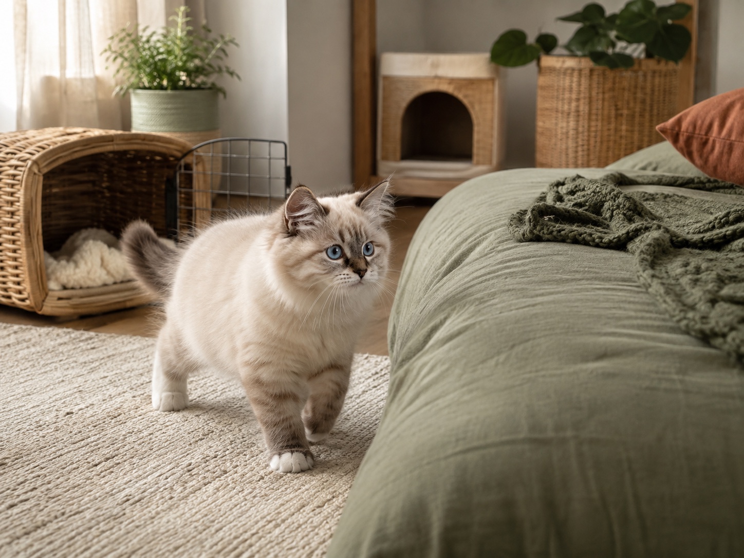 Котёнок невской маскарадной кошки знакомится с лежанкой в новом доме