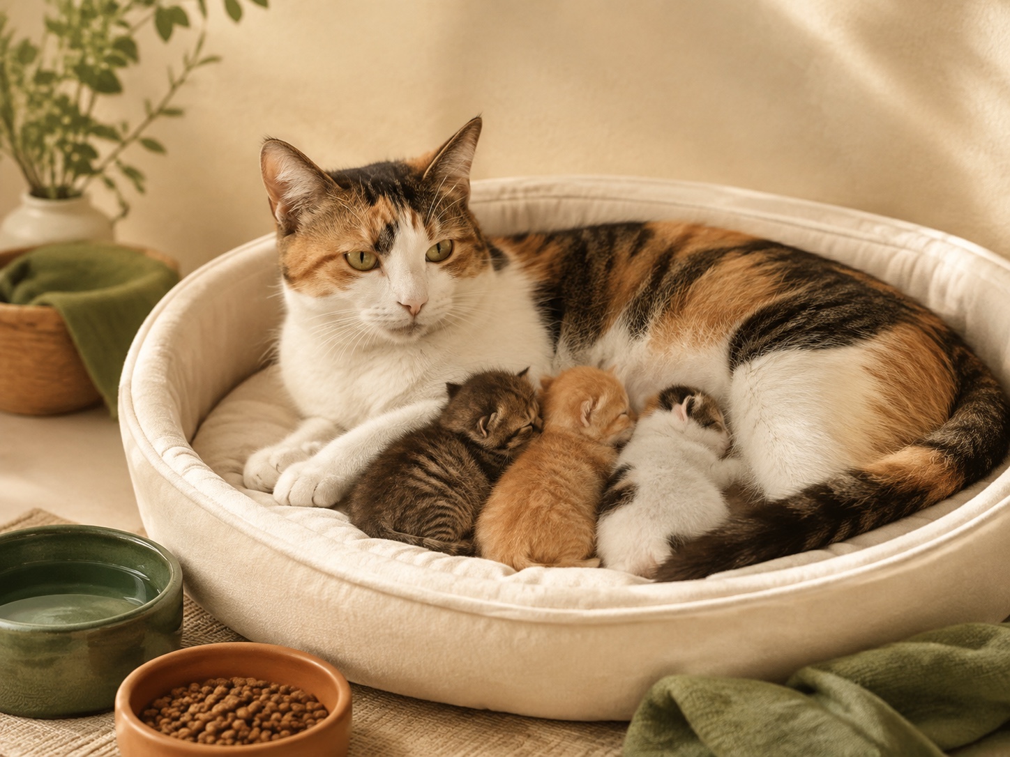 Кошка с тремя котятами отдыхает в чистом уютном гнезде.
