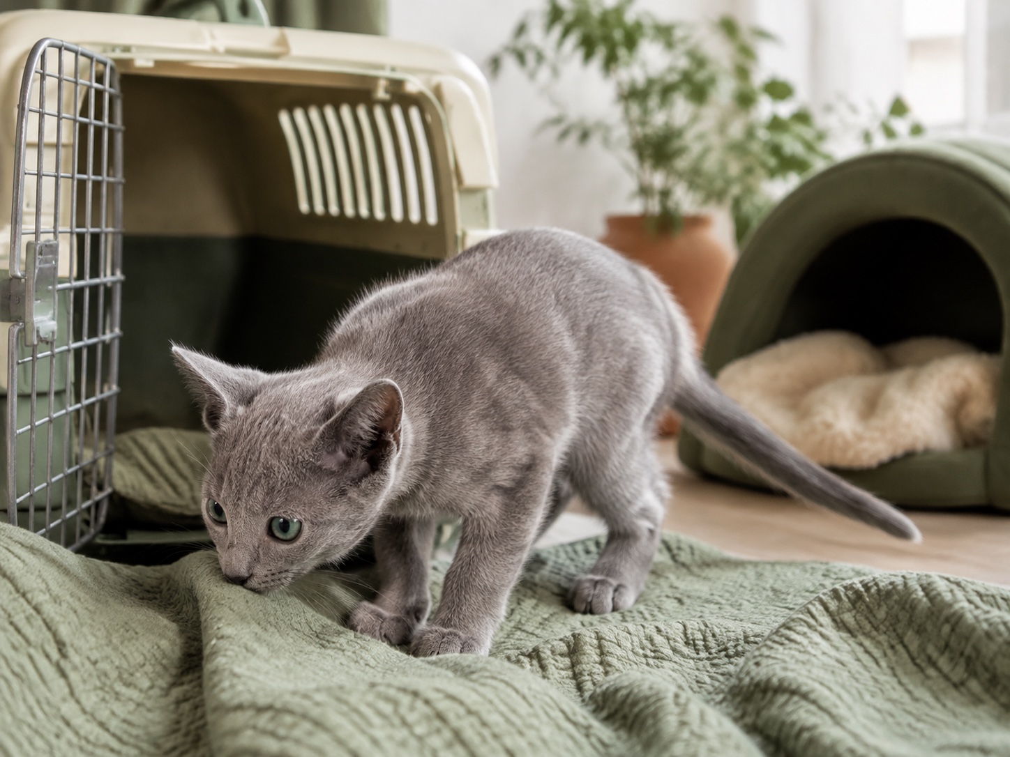 Котёнок русской голубой кошки знакомится с новым местом